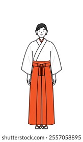 Shrine Maiden Of The Shrine, wearing White kosode and Red Hakama, with a smile facing forward, Vector Illustration