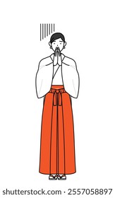 Shrine Maiden Of The Shrine, wearing White kosode and Red Hakama, apologizing with her hands in front of her body, Vector Illustration
