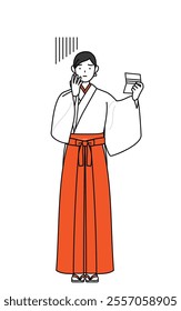Shrine Maiden Of The Shrine, wearing White kosode and Red Hakama, looking at her bankbook and feeling depressed, Vector Illustration
