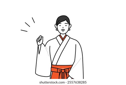 Shrine Maiden Of The Shrine, wearing White kosode and Red Hakama, posing with guts, Vector Illustration