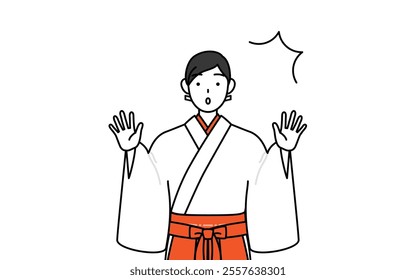 Shrine Maiden Of The Shrine, wearing White kosode and Red Hakama, raising her hand in surprise, Vector Illustration