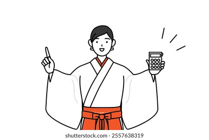 Shrine Maiden Of The Shrine, wearing White kosode and Red Hakama, holding a calculator and pointing, Vector Illustration