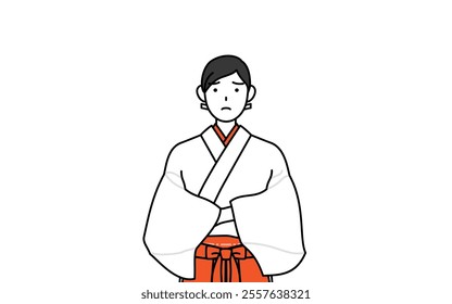 Shrine Maiden Of The Shrine, wearing White kosode and Red Hakama, with crossed arms, deep in thought, Vector Illustration