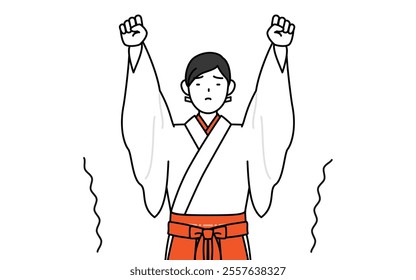 Shrine Maiden Of The Shrine, wearing White kosode and Red Hakama, stretching and standing tall, Vector Illustration