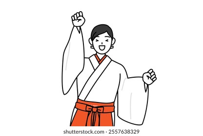 Shrine Maiden Of The Shrine, wearing White kosode and Red Hakama, jumping with light-hearted delight, Vector Illustration