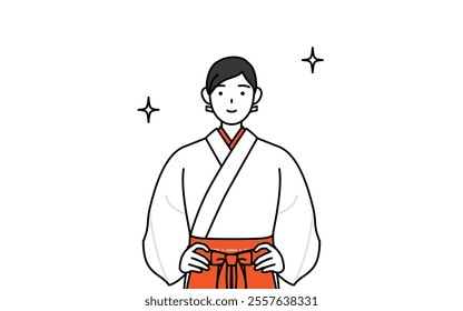 Shrine Maiden Of The Shrine, wearing White kosode and Red Hakama, with her hands on her hips, Vector Illustration