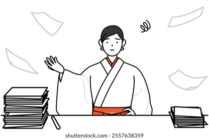 Shrine Maiden Of The Shrine, wearing White kosode and Red Hakama, who is fed up with her unorganized business, Vector Illustration