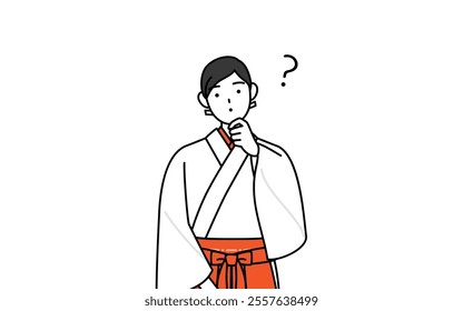 Shrine Maiden Of The Shrine, wearing White kosode and Red Hakama, nodding her head in question, Vector Illustration