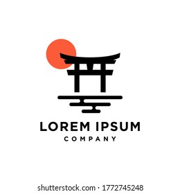 shrine with red sun logo ,Japanese torii gate icon vector in line style