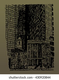 The Shrine of St. Elizabeth Ann Bayley Seton and James Watson House, New York City, USA. Sketch by hand. Vector illustration. Engraving style