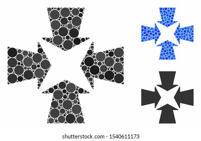 Shrink arrows composition of circle elements in variable sizes and color tinges, based on shrink arrows icon. Vector round dots are grouped into blue composition.