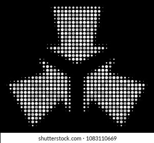 Shrink arrows halftone vector icon. Illustration style is pixel iconic shrink arrows symbol on a black background. Halftone pattern is made from circle elements.