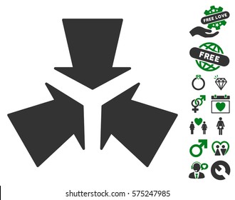 Shrink Arrows icon with bonus romantic design elements. Vector illustration style is flat rounded iconic green and gray symbols on white background.