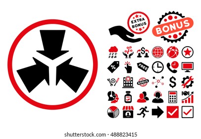 Shrink Arrows icon with bonus symbols. Vector illustration style is flat iconic bicolor symbols, intensive red and black colors, white background.