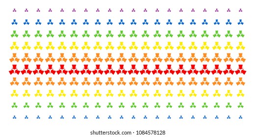 Shrink Arrows icon rainbow colored halftone pattern. Vector pictograms arranged into halftone matrix with vertical spectral gradient. Designed for backgrounds, covers, templates and abstract concepts.