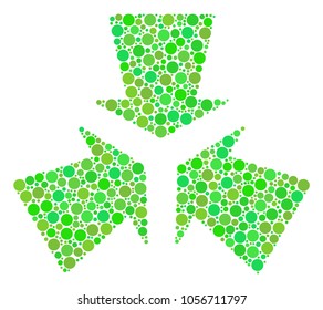 Shrink Arrows mosaic of filled circles in various sizes and green color tones. Vector filled circles are combined into shrink arrows collage. Freshness design concept.