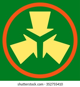 Shrink Arrows vector icon. Style is bicolor flat circled symbol, orange and yellow colors, rounded angles, green background.