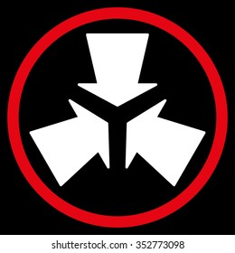 Shrink Arrows vector icon. Style is bicolor flat circled symbol, red and white colors, rounded angles, black background.
