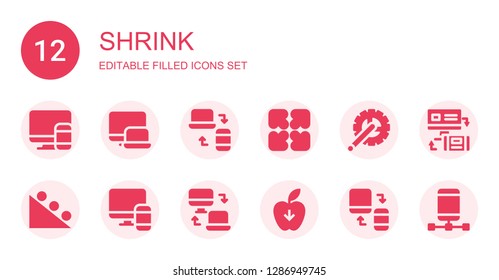 shrink icon set. Collection of 12 filled shrink icons included Responsive, Expand, Crank arm, Gravity