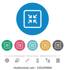 Shrink object flat white icons on round color backgrounds. 6 bonus icons included.