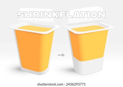 Shrinkflation concept. Reduced size of product instead of increasing price. Hidden decrease in volume of container 3D vector illustration