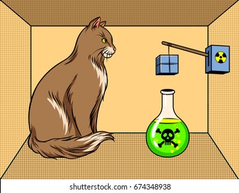 Shroedinger cat in box with poison pop art retro vector illustration. Visualization of the experiment. Interpretation of quantum mechanics. Scientific physical theory. Comic book style imitation.