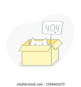 Shroedinger's cat, the cat sits in a box with a 404 sign. Page or file not found, connection error. Flat outline vector on white.