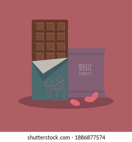 Shroom infused chocolate bar and gummy candies. Magic mushroom edibles. 