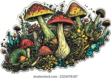 Shrooms Sticker Mushroom Psychedelic Art Trip fungus vector illustration painting.