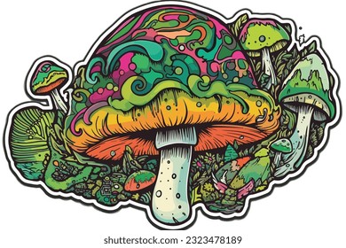 Shrooms Sticker Mushroom Psychedelic Art Trip fungus vector illustration painting.