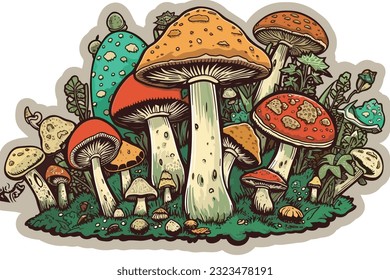 Shrooms Sticker Mushroom Psychedelic Art Trip fungus vector illustration painting.