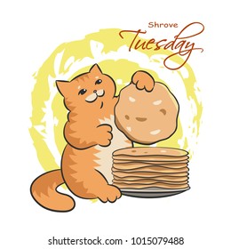 Shrove Tuesday, Shrovetide or Maslenitsa. Wide Pancake week. Wide Maslenitsa card with cat and pancakes.