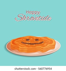 Shrovetide Festive Design. Pancake Week. A Stack Of Thin Pancakes On A Plate. Smiley Face Drawn With Chocolate Topping. Vector Illustration. Usable For Design Greeting Card, Banner, Invitation, Poster