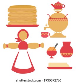 Shrovetide items set pancakes, caviiar, honey vector illustration