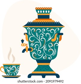 Shrovetide. Maslenitsa. Komoeditsa. Spring Festival. Pancake week. Slavic rite. Samovar painted with patterns and a cup of tea. Spring is coming. Ornament on a samovar and a cup. Vector illustration.