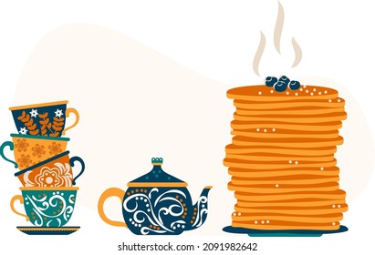 Shrovetide. Maslenitsa. Komoeditsa. Spring Festival. Pancake Week. Slavic Rite. Teapot, Cups And Plate Of Pancakes. Spring Is Coming. Ornament On Dishes. Vector Illustration.