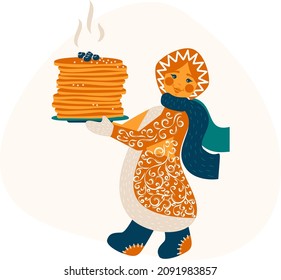 Shrovetide. Maslenitsa. Komoeditsa. Spring Festival. Pancake week. Slavic rite. A girl in a national costume carries a plate of pancakes. Spring is coming. Ornament. Vector illustration.