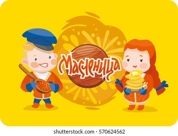 Shrovetide or Maslenitsa. Russian inscription "Maslenitsa". Great Russian holiday. Russian girl with pancakes and russian guy with red caviar spoon.