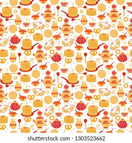 Shrovetide or Maslenitsa. Russian inscription Maslenitsa wide Wide Maslenitsa seamless pattern. Great Russian holiday Shrovetide. Vector illustration.