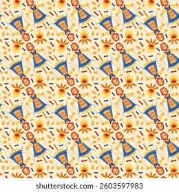 Shrovetide party seamless pattern with scarecrow. Hand drawn illustration for you projects.