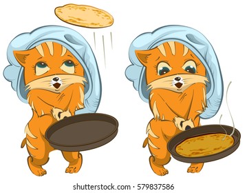 Shrovetide russian holiday. Cat cook fries pancakes. Isolated on white fun vector cartoon illustration