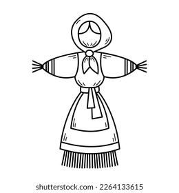 Shrovetide scarecrow. Maslenitsa. Butter Week. East Slavic traditional holiday of the arrival of spring. Hand drawn sketch icon of straw doll for burning. Vector illustration in doodle line style.