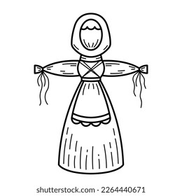 Shrovetide scarecrow. Maslenitsa. Butter Week. Straw effigy of a woman for burning. Isolated vector illustration in doodle line style.