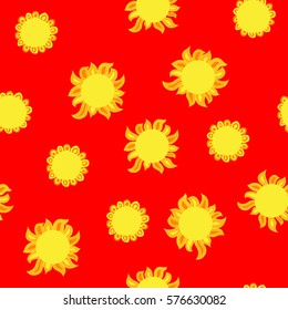 Shrovetide seamless pattern with sun on red background. Vector Illustration