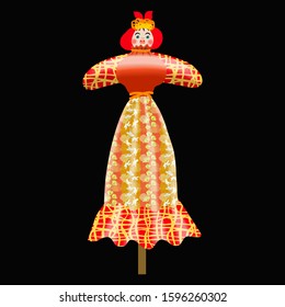 Shrovetide. Vector illustration of a ceremonial effigy, Shrovetide doll on a wooden pole, in a dress with flowers, a red scarf isolated on a black background. Maslenitsa for winter wires.