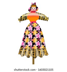 Shrovetide. Vector illustration of a ceremonial effigy, Shrovetide doll on a wooden pole, in a dress with flowers, a red scarf isolated on a white background. Maslenitsa for winter wires.