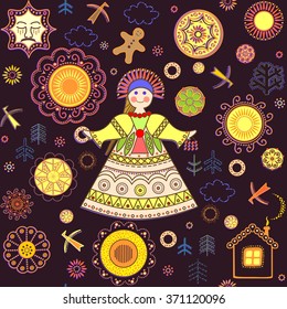 Shrovetide wallpaper with abstract pattern and girl