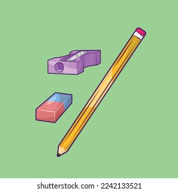 Shrpener and Pencil with Eraser Illustration Vector in Cartoon Style