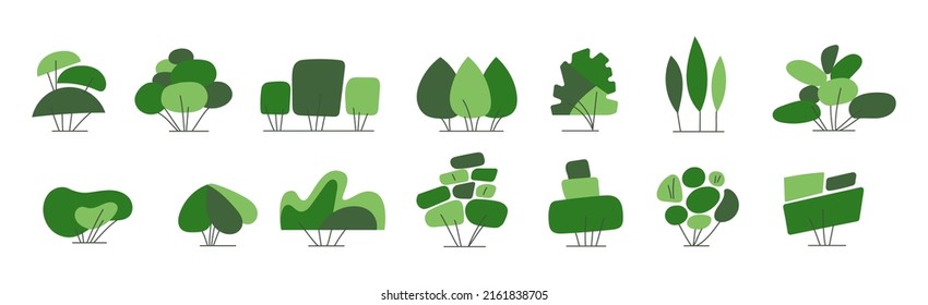 Shrub bush shrubbery tree simple abstract flat cartoon vector illustration. Set of garden green plant isolated on white background. Eco element, foliage silhouette, stylized ecology decorative object