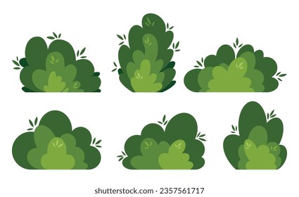 Escombros de arbusto de arbusto de arbusto simple ilustración abstracta del vector de dibujos animados planos. Conjunto de plantas verdes de jardín aisladas en fondo blanco. Elemento ecológico, silueta foliage, objeto decorativo ecológico estilizado